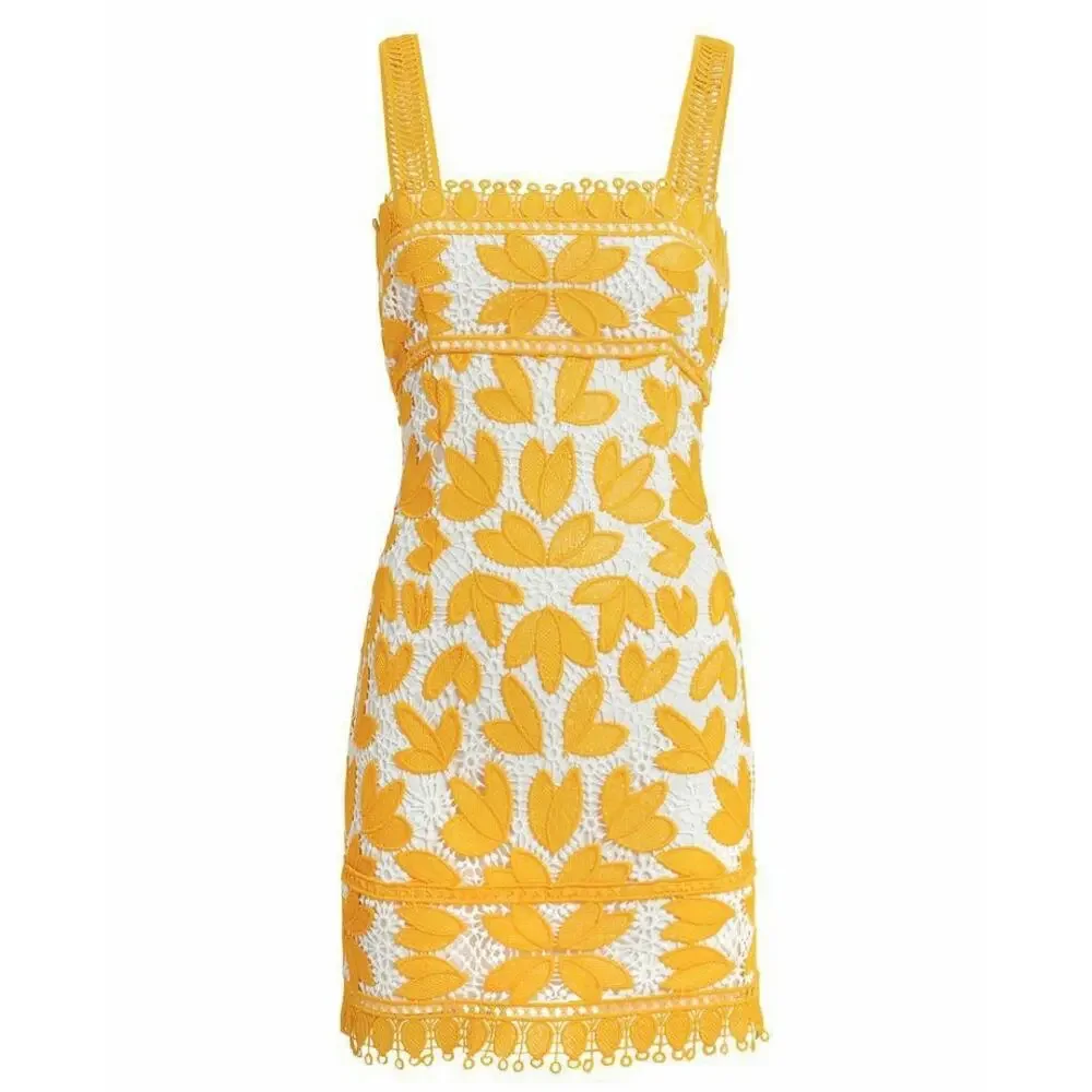 Saylor yellow white crochet summer floral mini dress sz XS
